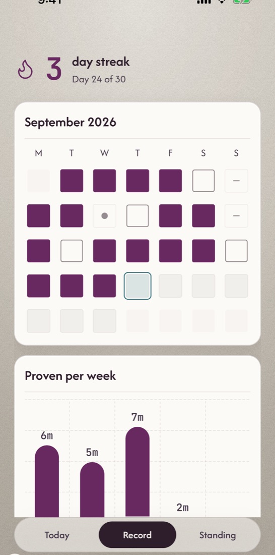 The Record screen: a month of days, each marked by what was proven.